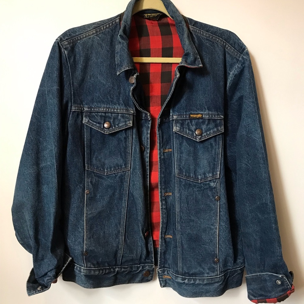 Vintage Wrangler red plaid lined denim jacket